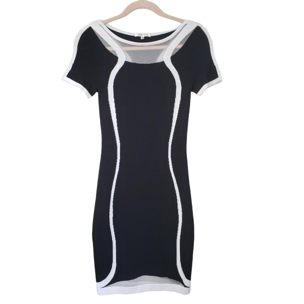 Ohne Titel Two-Tone Bodycon Contour Knit Sheath Cap Sleeve Dress Black & White